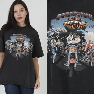 Harley Davidson Hollywood California T Shirt, 2000 Looney Tunes Cartoon Graphic Tee, Vintage Double Sided Motorcycle XL 