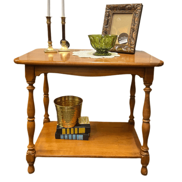 Light Wood Vintage Side Table With Bottom Shelf