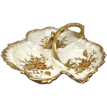 1900 Antique Large French J. C. Limoges Gilt Porcelain Divided Serving Dish / Basket 