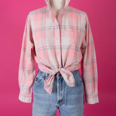 Vintage 80s Diane Von Furstenberg Lightweight Pink Plaid Cotton Button Down Shirt 