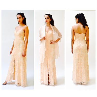 Vintage Lace Evening Gown Dress Long Pink Coral Silk Lace Dress Small Shawn Ray Fons Pink Nude Blush Silk Wedding Evening Gown Dress Small 
