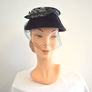 1940s Black Velour Hat with Feather 