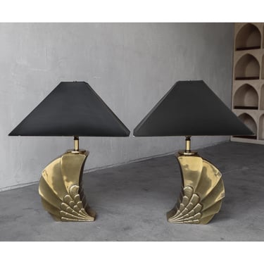 1970's Pair of Aged Brass Shell Lamps 