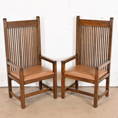 Frank Lloyd Wright Style Arts &#038; Crafts Oak and Leather High Back Armchairs, Pair