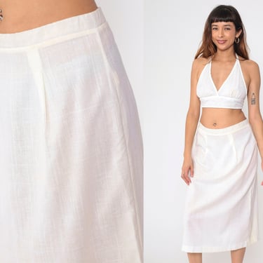 White Pencil Skirt 80s Midi Skirt Semi-Sheer High Waisted Retro Simple Plain Secretary Skirt Simple Vintage 1980s Large L 12 