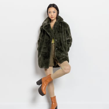 FAUX FUR JACKET Coat Vintage Green Muted Trench Oversize / Small 