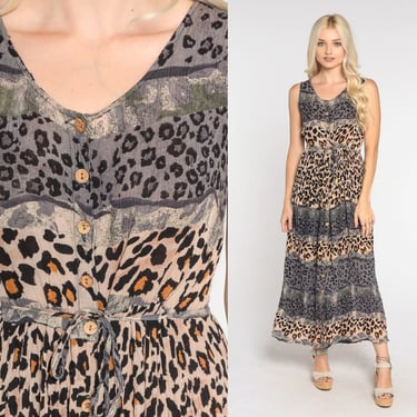 Leopard Print Dress 90s Button up Maxi Dress Retro Animal Print Front Slit Sleeveless Long Day Sun Dress Tan Cheetah Vintage 1990s Small S 