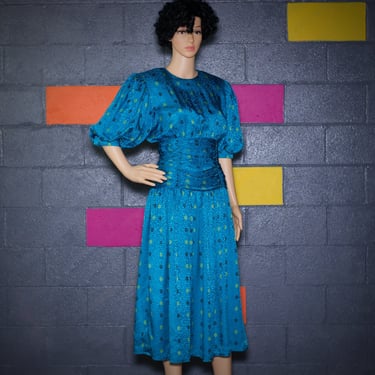 Vintage 1980s Turquoise Silk Midi Dress | Medium | 18 
