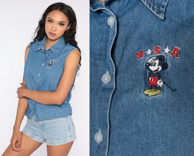 Mickey and Minnie Shirt Disney Shirt Denim Tank Top Mickey Mouse Unlimited Button Up Vintage 90s Jean Shirt Blue Medium