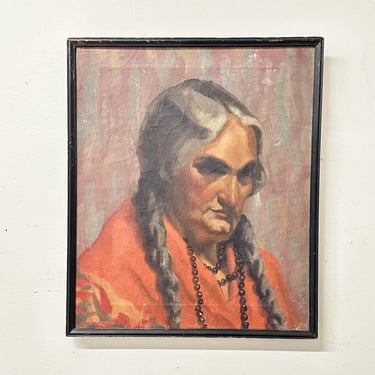 Early 1900s Painting of Native American Woman with Beads - Mystery Artist - Haunting Antique Portrait Paintings - 