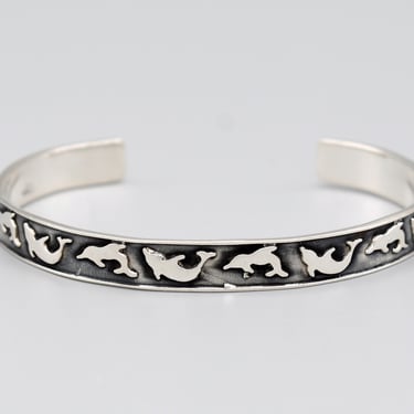 90's Mexico 925 silver leaping dolphins cuff, sterling dimensional dancing porpoises stacking bracelet 