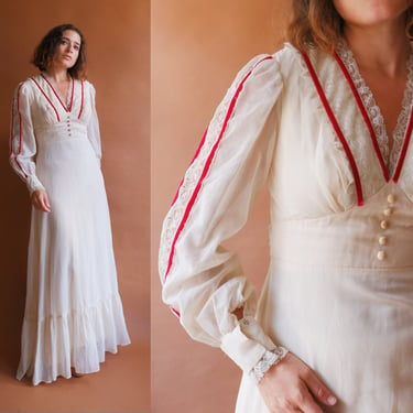 Vintage 70s Ivory Prairie Dress/ 1970s Gunne Sax Style Long Sleeve Dress with Red Trim/ Size XS 