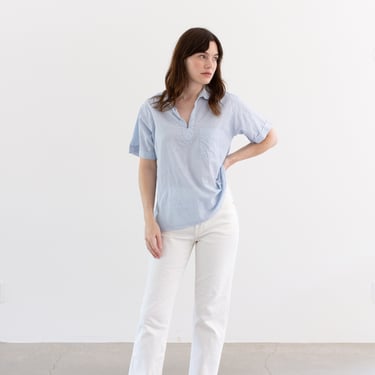Vintage Light Blue Short Sleeve Half Zip Shirt | Unisex Striped Cotton Blouse | Made in USA | M | 