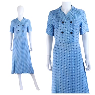 Late 1930s / Early 1940s Cornflower Blue Polka Dot Day Dress - 30s Polka Dot Dress - 40s Cold Rayon Dress - 30s Day Dress | Size Extra Large 
