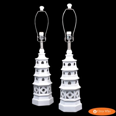 Pair of White Ceramic Pagoda Table Lamps