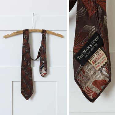 vintage 1950s fine jacquard necktie • dark brown & bronze woven feather pattern tie 