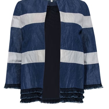 Ann Mashburn - Navy & White Striped Open Front Jacket w/ Fringed Trim Sz S