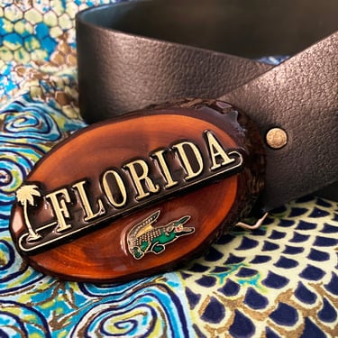 Vintage FLORIDA Souvenir Belt Buckle + Black Leather Belt | 70s 80s Groovy Hippie | Lacquered Live Edge Wood Slice & Brass Enamel Alligator 