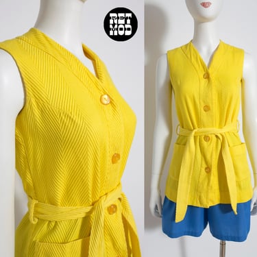 Fun Vintage 60s 70s Bright Yellow Textured Long Vest Top with Pockets 