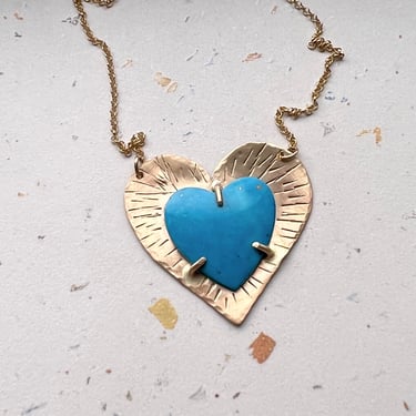 Handmade Turquoise Heart Pendant with Vintage Turquoise Cabochon on Handcut Hammered and Textured 14k Goldfilled Heart Shape 
