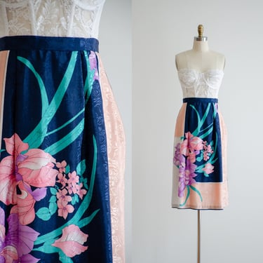 floral jacquard skirt | 80s vintage peach blue green floral silky knee length skirt 