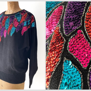 Vintage ‘80s ‘90s rainbow sequin sweater | Victoria Jones sweater, party sweater, S/M/L 