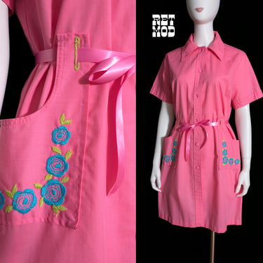So Cute Vintage 60s 70s Pink Collared House Dress with Blue Flower Embroidery Pockets 