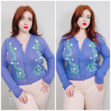 1960s Vintage Acrylic Purple Embroidered Cardigan / 60s / Sixties Open Knit Foral Long Sleeve Button Up Sweater / Large - XL 