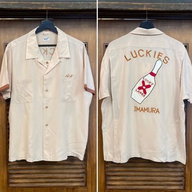 Vintage 1950’s Luckies “Lucky Lager” Beer Japan Cotton Embroidery Bowling Shirt, 50’s Loop Collar, Vintage Clothing 