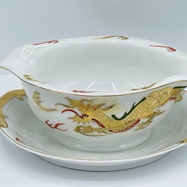 RARE Vintage Dragonware Gravy Boar Attached Plate Moriage Golden Dragon Japanese Mark- Excellent Condition 