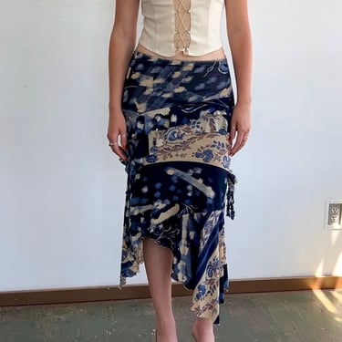Blue Patchwork Floral Mesh Skirt (S)