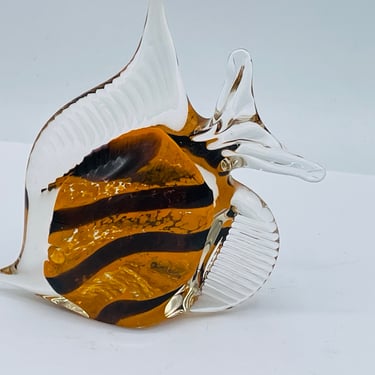 Adorable Vintage Hand Blown Angel Fish Paperweight- Orange and Black 5.5" 