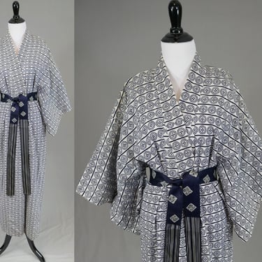 Vintage Kimono Robe - White and Dark Blue - Matching Belt - Lighter Weight 