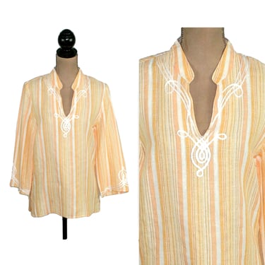 S Split Neck Tunic Side Slit, Linen Cotton Peach Yellow Striped Blouse, Bohemian India Style Top Small Summer Clothes Women Vintage Clothing 