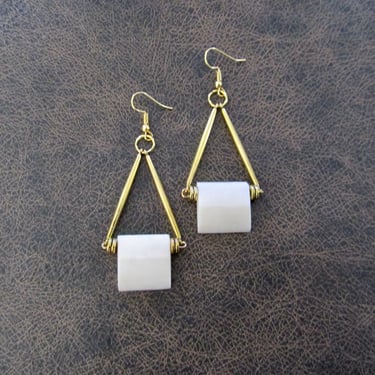 African print bone earrings, White and gold 