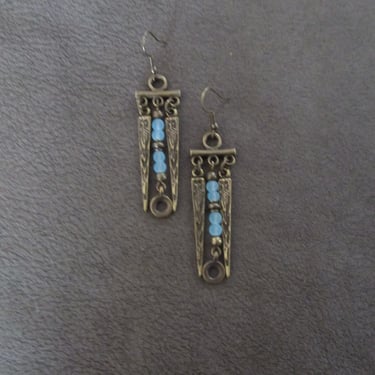 Baby blue frosted glass and bronze chandelier earrings 