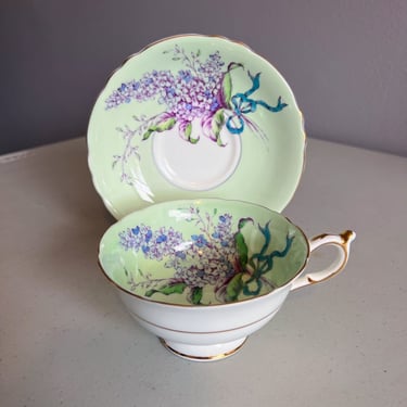 Vintage Paragon Lilac Tea Cup and Saucer Green Background Gold Trim S6572/3 