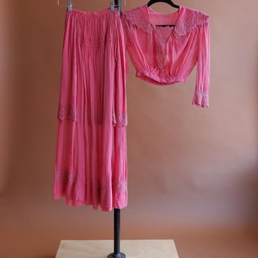 Antique Edwardian Pink Cotton Blouse and Skirt/ 1900s 1910s Crochet Lace Lawn Dress/ Size XXS 