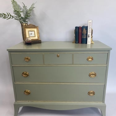 Hand painted Green and gold dresser with Snake Print, unique home decor, French furniture, refurbished dresser, grand millennial home decor 