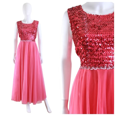 1960s Pink Sequin & Chiffon Evening Dress - 1960s Pink Sequin Party Dress - 1960s Pink Chiffon Party Dress - 1960s Pink Dress | Size Large 