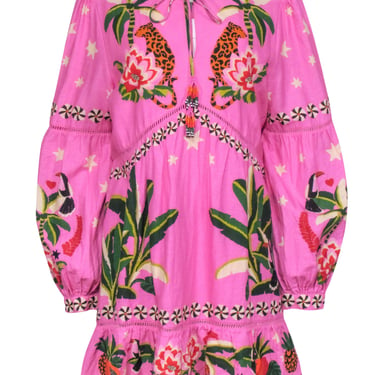 Farm - Pink Tropical &quot;Leopard Forest&quot; Print Long Sleeve Dress Sz L