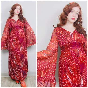 1970S Vintage Rust Orange Patchwork Angel Sleeve Dress / 70s Nylon Empire Waist Ruffled Maxi Gown / Large - XL 