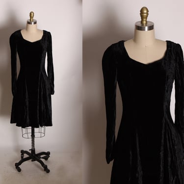 1990s Black Velvet Long Sleeve Flared Skirt Mini Dress -S 