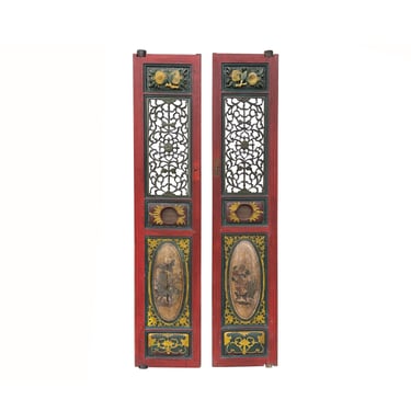 Pair Vintage Red Green Yellow Fujian Relief Carving Door Panels ws4271E 