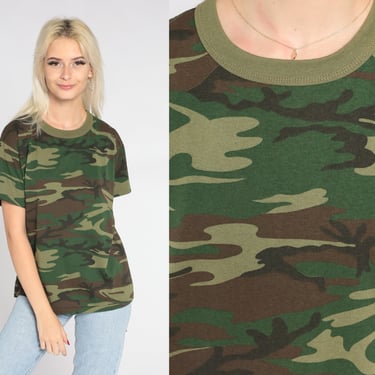 90s Camo Shirt Camouflage T-Shirt Army TShirt Green Hunting Military Short Sleeve Tee Retro Streetwear Basic Top Vintage 1990s Medium M 