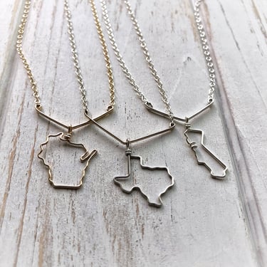 State Necklace Gift For Her - V shape bar + state necklace in silver or gold; ALL states available; personalized necklace - state jewelry 