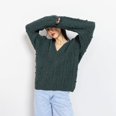 GREEN POPCORN WOOL V-Neck Sweater Jumper Women Off The Shoulder Cable Knit Slouchy / Medium 