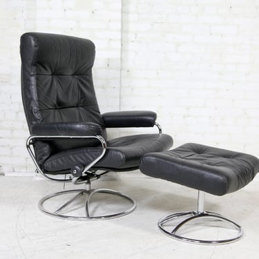 Vintage MCM black leather Ekornes stressless recliner / lounge chair | Free delivery in NYC and Hudson Valley areas 
