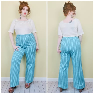 1970s Vintage Blue Poly Knit Polka Dot Pants / 70s High Waisted Elastic Stretch Groovy Trousers / XL 