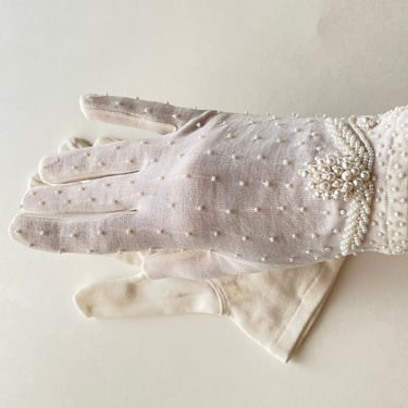 1950s White Beaded Evening Gloves | 50s Pearl Beaded Stretch Nylon Gloves | Hong Kong | All Size 